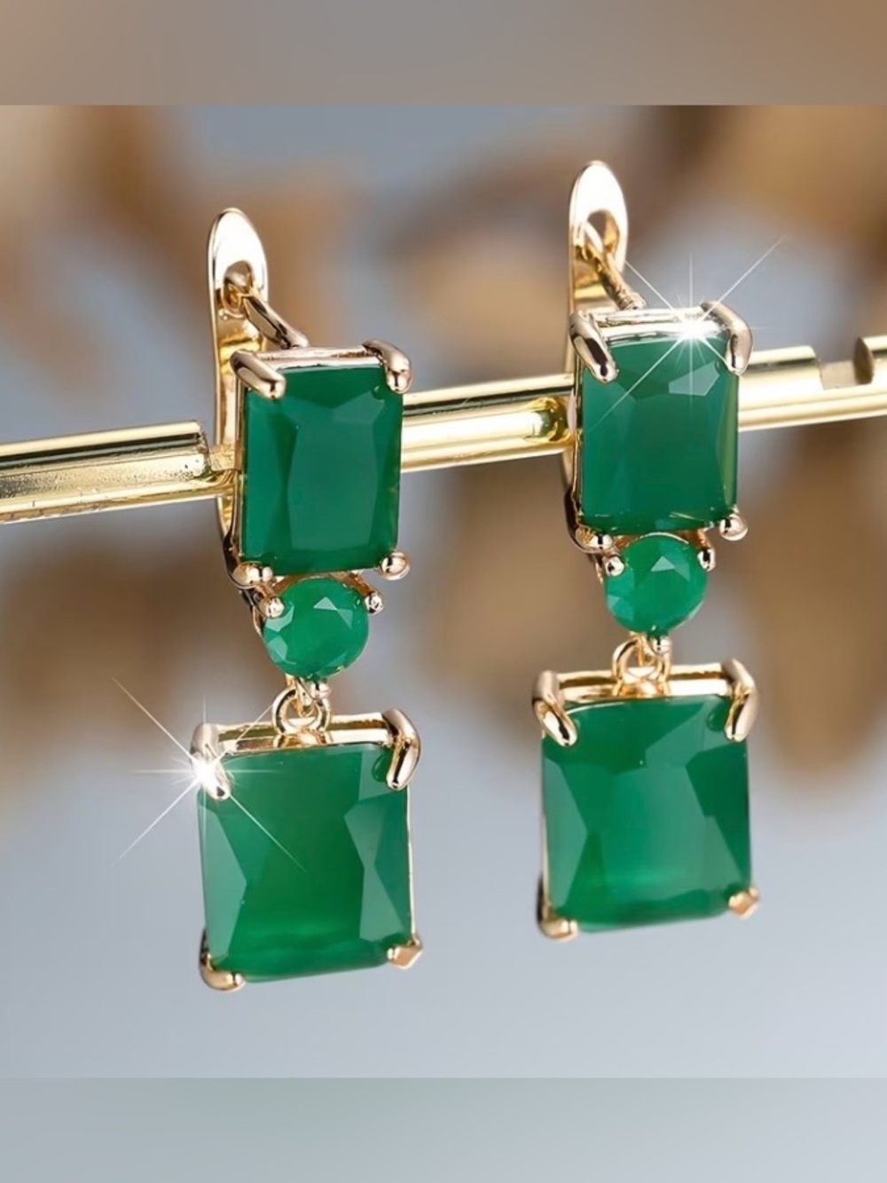 Gold-Tone Green Double-Drop Earrings with Emerald-Like Stones